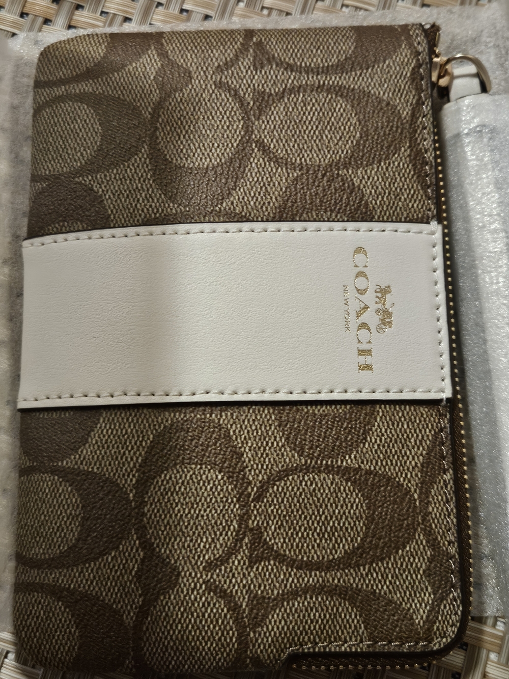 Coach Brown Signature Canvas Wristlet with White Leather Accent
